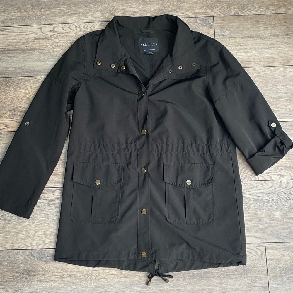 Sanctuary Lightweight Rolled Sleeves Black Rain Jacket Coat Sz Small